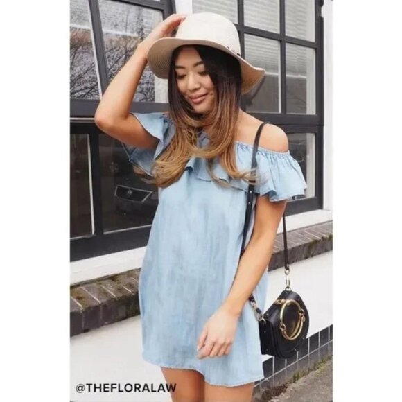 Lulus Chambray denim Off-the-Shoulder spring boho chic Dress XS - Picture 1 of 10